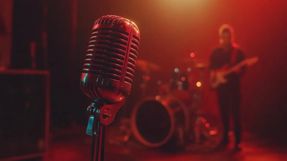 A close-up of a vintage-style microphone with a classic design, placed against a dark background, capturing its glossy metal finish and retro charm