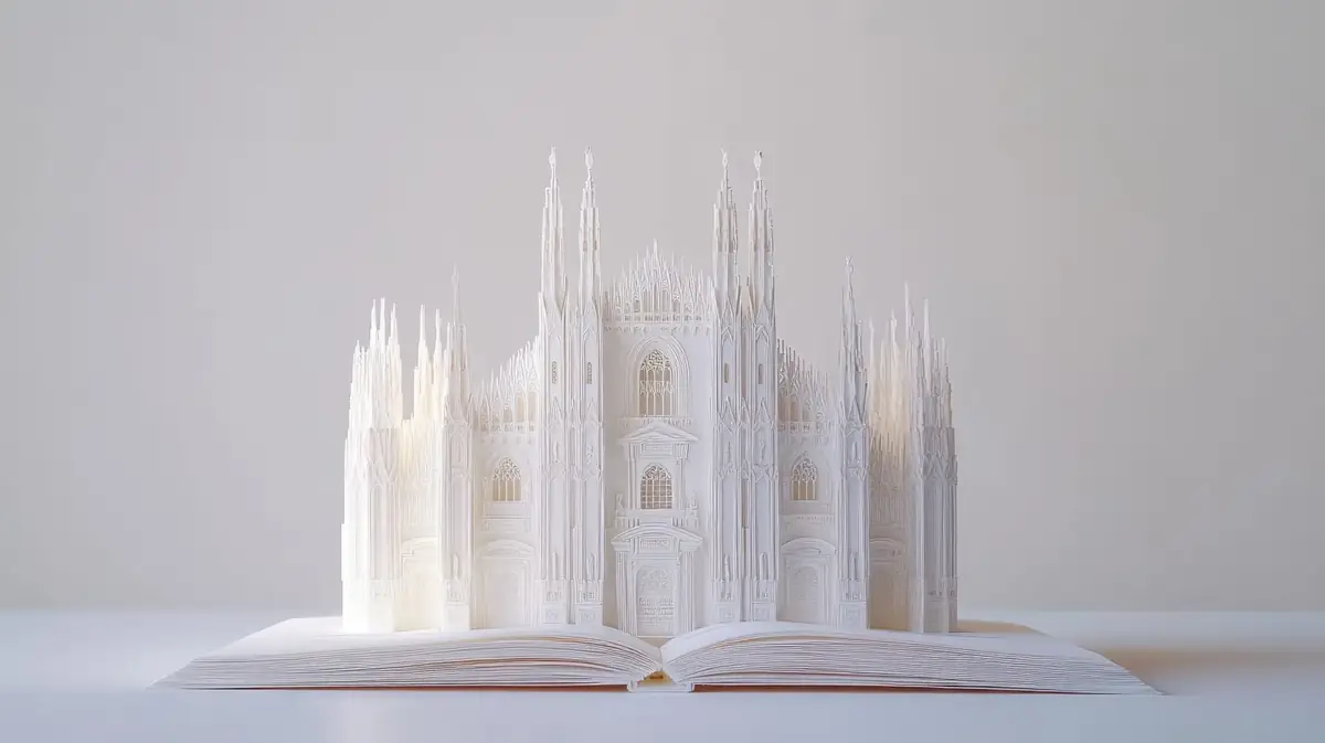 An artistic book featuring 3D visuals of Milan Cathedral, Roman Forum, and Siena Piazza del Campo lifting off its pages. White backdrop.
