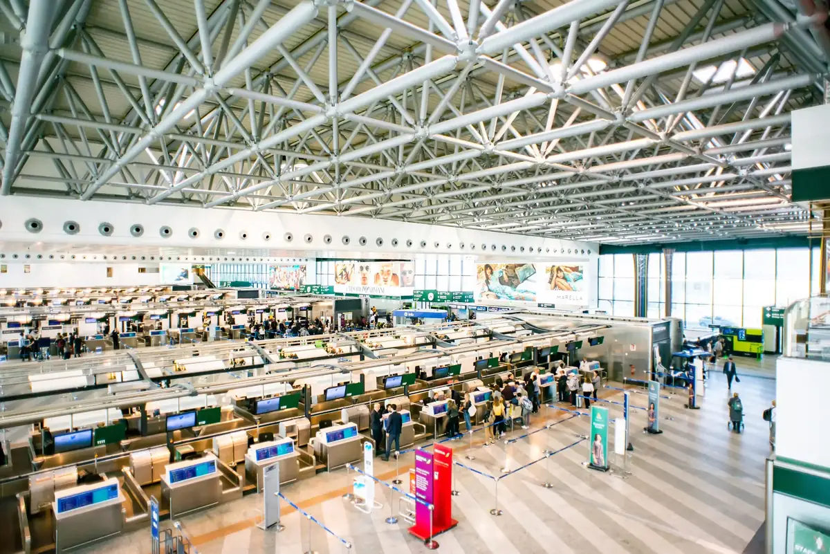 Milan. Italy – May 23, 2019: Interior of Malpensa Airport. Airport Hall of Departures.