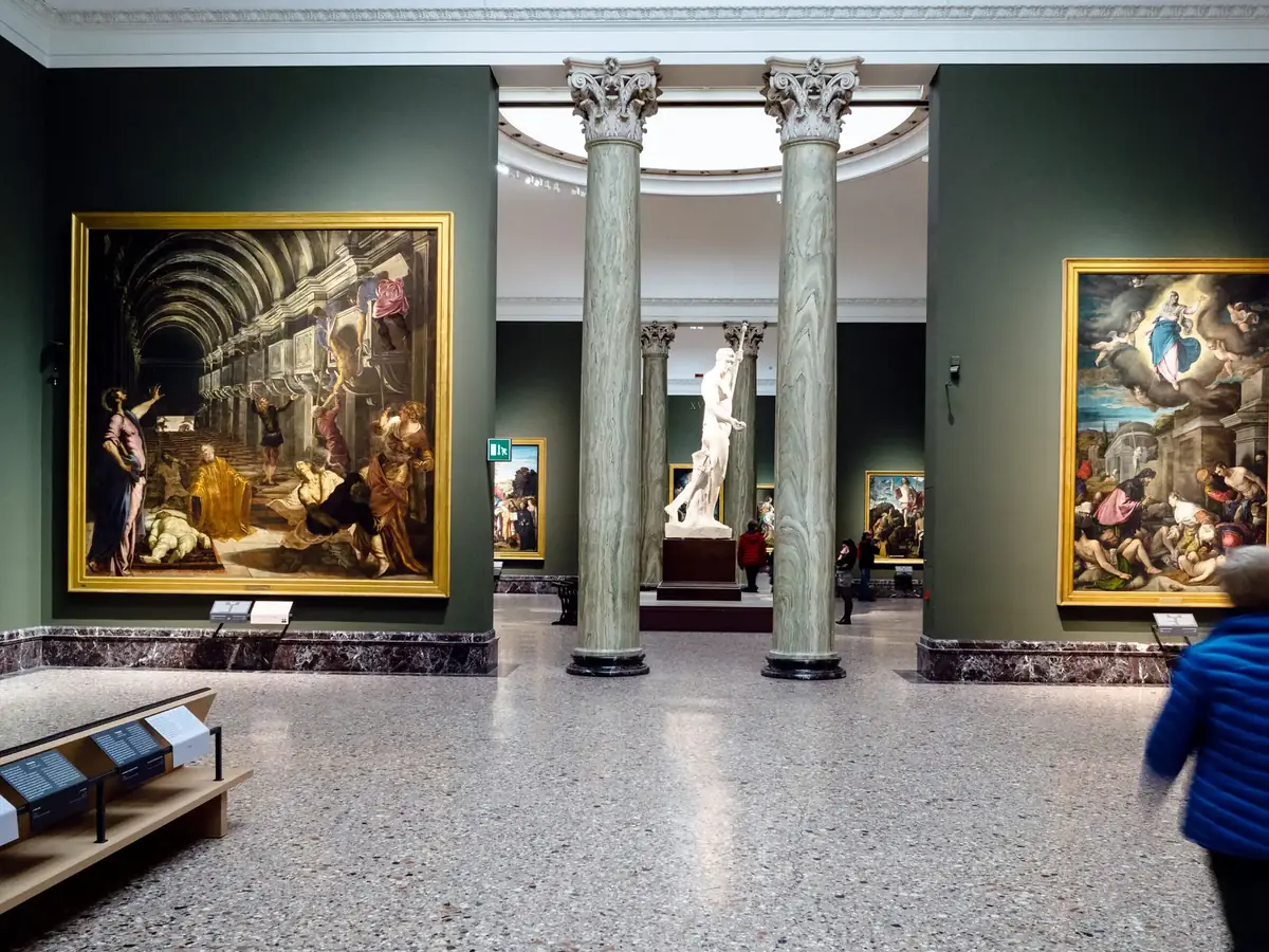 MILAN, ITALY – FEBRUARY 24, 2019: visitors inside of Pinacoteca di Brera (Brera Art Gallery) in Milan. The Brera is national picture gallery of ancient and modern art in Palazzo Brera