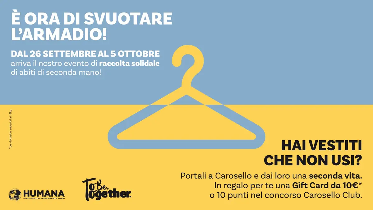 Il Centro Carosello di Carugate lancia Humana Tour: punti e gift card in cambio di abiti usati
