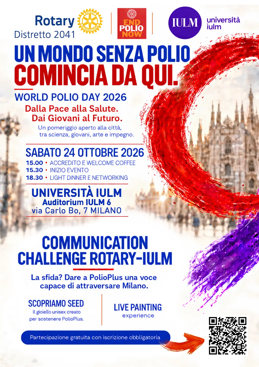 La locandina ufficiale di “Un mondo senza polio comincia da qui”, l’evento organizzato dal Rotary Distretto 2041 per il World Polio Day 2026, in programma il 24 ottobre all’Università IULM di Milano.